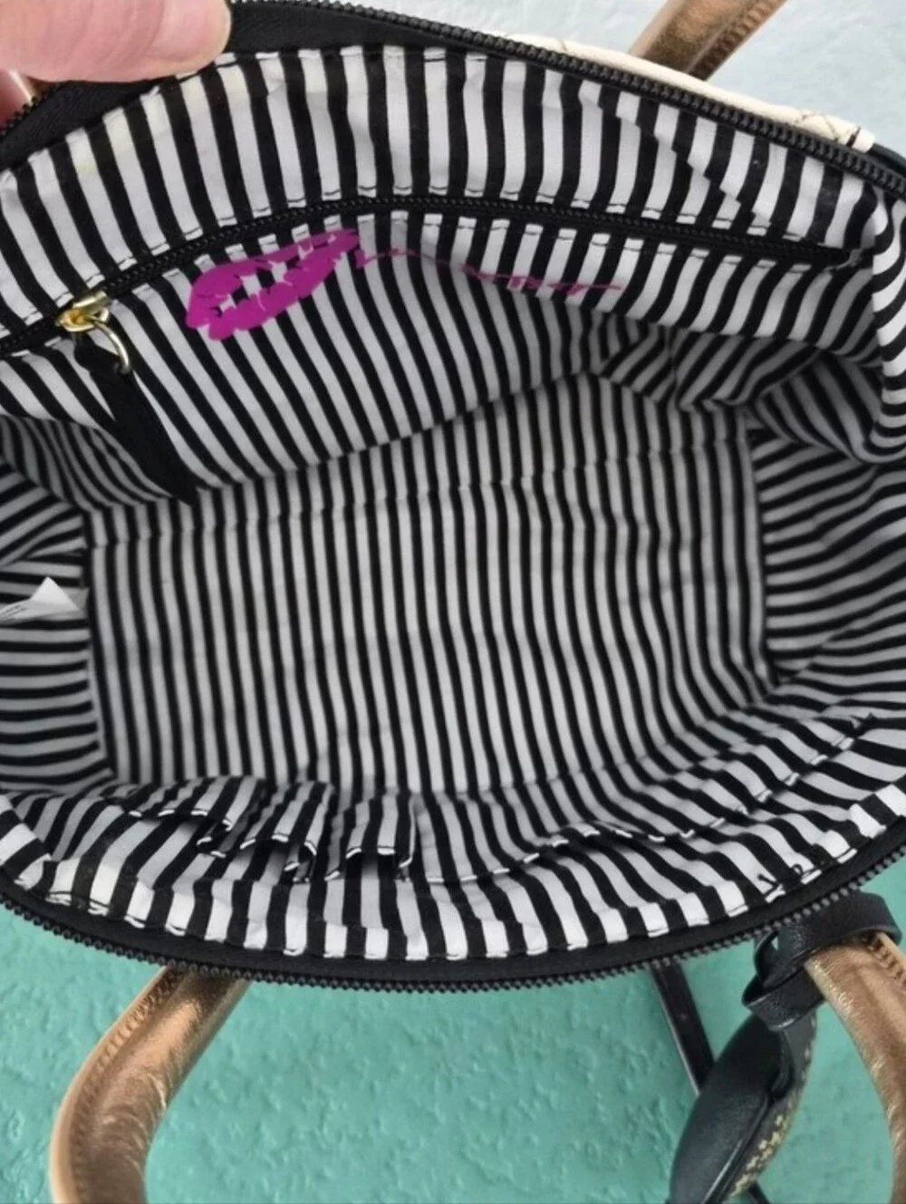 Luv Betsey Betsey Johnson Black White Striped Heart Quilted Satchel Crossbody